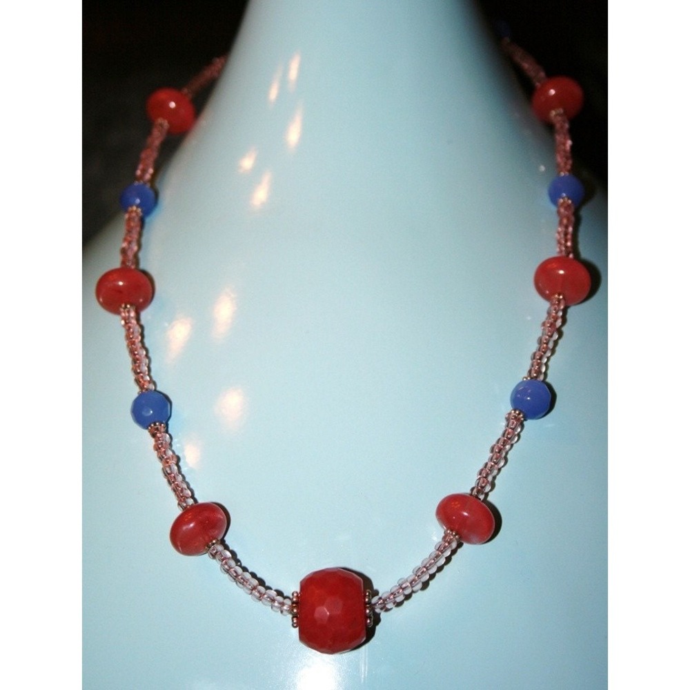 Handmade Carnelian blue crystal necklace pink glass beads boho chic earty